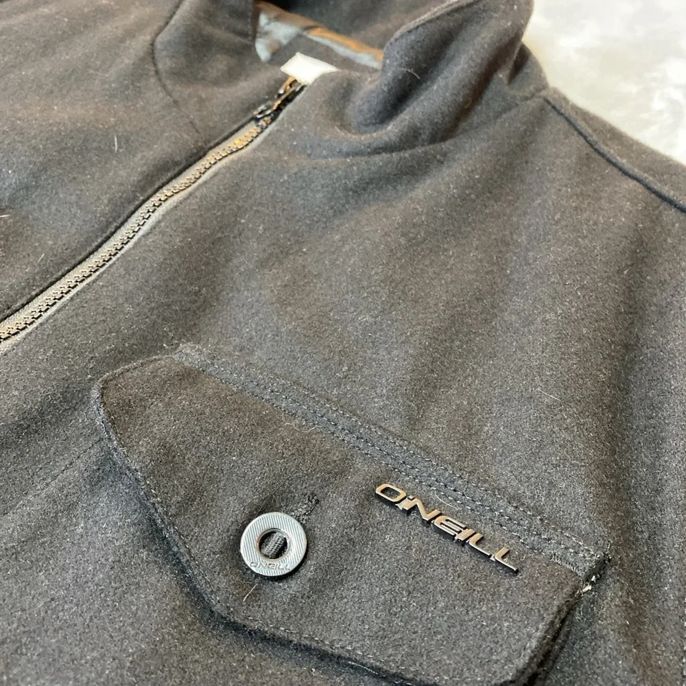 O'Neill Full Zip Jacket Mens Large Black Wool Blend Quilted Liner Bomber Style